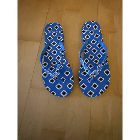 Tory Burch Thin Flip Flop Sandals PVC/EVA Blue Gold Enamel Logo Sz 6 - Picture 1 of 2